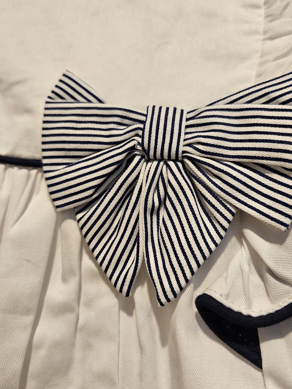 Matalan White Girls' Ruffle Dress with Navy Trim and Bow 6-9 Months - Picture 2 of 4
